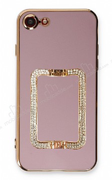 Eiroo Crystal Serisi iPhone 7 / 8 Kare Gold Tal Tutuculu Mor Silikon Klf