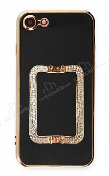 Eiroo Crystal Serisi iPhone 7 / 8 Kare Gold Tal Tutuculu Siyah Silikon Klf
