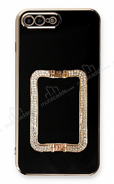 Eiroo Crystal Serisi iPhone 7 Plus / 8 Plus Kare Gold Tal Tutuculu Siyah Silikon Klf