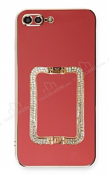Eiroo Crystal Serisi iPhone 7 Plus / 8 Plus Kare Gold Tal Tutuculu Krmz Silikon Klf