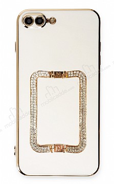 Eiroo Crystal Serisi iPhone 7 Plus / 8 Plus Kare Gold Tal Tutuculu Beyaz Silikon Klf