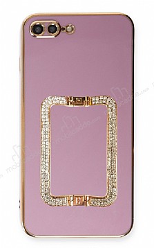 Eiroo Crystal Serisi iPhone 7 Plus / 8 Plus Kare Gold Tal Tutuculu Mor Silikon Klf