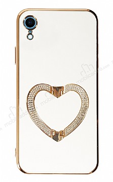 Eiroo Crystal Serisi iPhone XR Kalpli Gold Tal Tutuculu Beyaz Silikon Klf