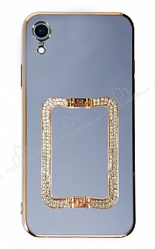 Eiroo Crystal Serisi iPhone XR Kare Gold Tal Tutuculu Mavi Silikon Klf