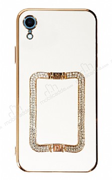 Eiroo Crystal Serisi iPhone XR Kare Gold Tal Tutuculu Beyaz Silikon Klf