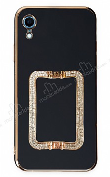 Eiroo Crystal Serisi iPhone XR Kare Gold Tal Tutuculu Siyah Silikon Klf