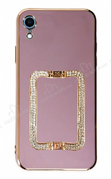 Eiroo Crystal Serisi iPhone XR Kare Gold Tal Tutuculu Mor Silikon Klf