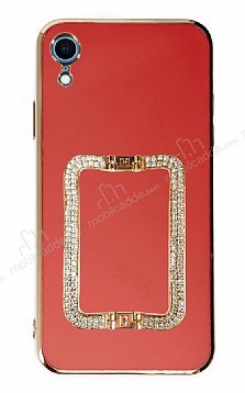 Eiroo Crystal Serisi iPhone XR Kare Gold Tal Tutuculu Krmz Silikon Klf