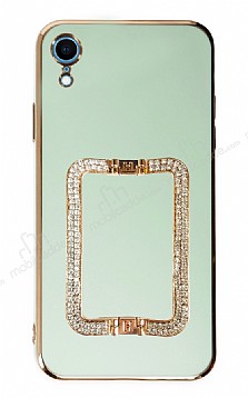 Eiroo Crystal Serisi iPhone XR Kare Gold Tal Tutuculu Yeil Silikon Klf