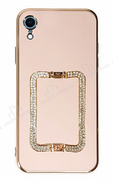 Eiroo Crystal Serisi iPhone XR Kare Gold Tal Tutuculu Pembe Silikon Klf