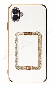 Eiroo Crystal Serisi Samsung Galaxy A04e Kare Gold Tal Tutuculu Beyaz Silikon Klf