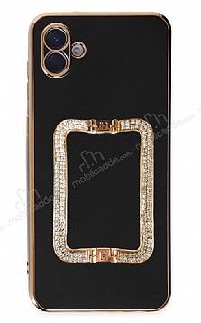 Eiroo Crystal Serisi Samsung Galaxy A04e Kare Gold Tal Tutuculu Siyah Silikon Klf