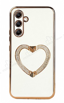 Eiroo Crystal Serisi Samsung Galaxy A14 4G gold kalp Tal Tutuculu Beyaz Silikon Klf
