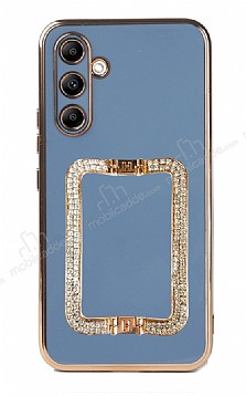 Eiroo Crystal Serisi Samsung Galaxy A14 4G Kare Gold Tal Tutuculu Mavi Silikon Klf