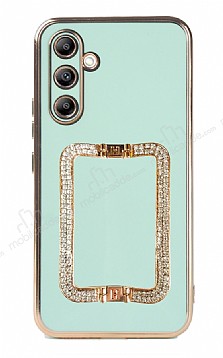 Eiroo Crystal Serisi Samsung Galaxy A14 4G Kare Gold Tal Tutuculu Yeil Silikon Klf