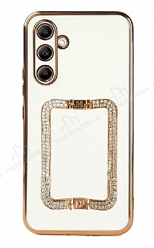 Eiroo Crystal Serisi Samsung Galaxy A14 4G Kare Gold Tal Tutuculu Beyaz Silikon Klf