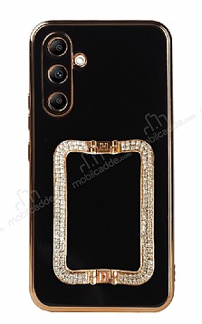 Eiroo Crystal Serisi Samsung Galaxy A34 Kare Gold Tal Tutuculu Siyah Silikon Klf