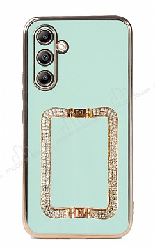 Eiroo Crystal Serisi Samsung Galaxy A34 Kare Gold Tal Tutuculu Yeil Silikon Klf