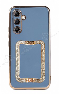 Eiroo Crystal Serisi Samsung Galaxy A34 Kare Gold Tal Tutuculu Mavi Silikon Klf
