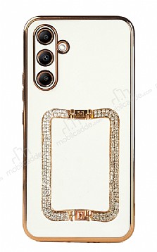 Eiroo Crystal Serisi Samsung Galaxy A34 Kare Gold Tal Tutuculu Beyaz Silikon Klf