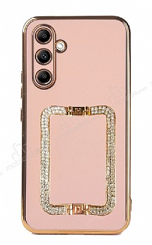 Eiroo Crystal Serisi Samsung Galaxy A34 Kare Gold Tal Tutuculu Pembe Silikon Klf