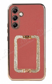 Eiroo Crystal Serisi Samsung Galaxy A54 Kare Gold Tal Tutuculu Krmz Silikon Klf