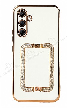 Eiroo Crystal Serisi Samsung Galaxy A54 Kare Gold Tal Tutuculu Beyaz Silikon Klf