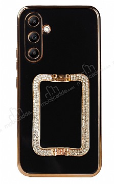 Eiroo Crystal Serisi Samsung Galaxy A54 Kare Gold Tal Tutuculu Siyah Silikon Klf