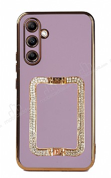 Eiroo Crystal Serisi Samsung Galaxy A54 Kare Gold Tal Tutuculu Mor Silikon Klf