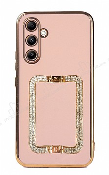 Eiroo Crystal Serisi Samsung Galaxy A54 Kare Gold Tal Tutuculu Pembe Silikon Klf