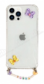 Eiroo Gummy iPhone 13 Pro Mor Kelebek Kiiye zel simli effaf Ultra Koruma Klf