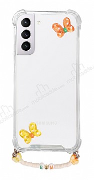 Eiroo Gummy Samsung Galaxy S21 Turuncu Kelebekli Kiiye zel Harfli effaf Ultra Koruma Klf