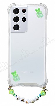 Eiroo Gummy Samsung Galaxy S21 Ultra Yeşil Ayıcıklı Kişiye Özel İsimli Şeffaf Ultra Koruma Kılıf