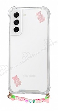 Eiroo Gummy Samsung Galaxy S21 FE 5G Pembe Ayckl Kiiye zel simli effaf Ultra Koruma Klf