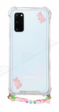 Eiroo Gummy Samsung Galaxy S20 Plus Pembe Ayıcıklı Kişiye Özel İsimli Şeffaf Ultra Koruma Kılıf
