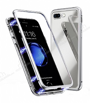 Eiroo Hard Glass iPhone 7 Plus / 8 Plus Silver Rubber Kenarl Cam Klf