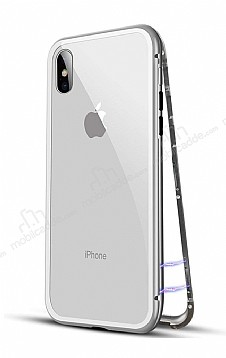 Eiroo Hard Glass iPhone X / XS Silver Rubber Kenarl Cam Klf