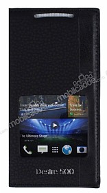 HTC Desire 500 Gizli Mknatsl Pencereli Siyah Deri Klf