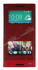 HTC Desire 816 Gizli Mknatsl ift Pencereli Krmz Deri Klf