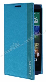 HTC Desire 816 Gizli Mknatsl nce Yan Kapakl Mavi Deri Klf