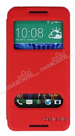 Eiroo HTC Desire 816 Vantuzlu Pencereli Krmz Deri Klf