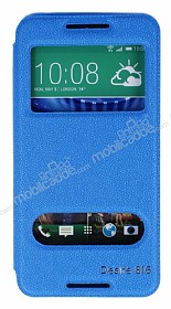 Eiroo HTC Desire 816 Vantuzlu Pencereli Mavi Deri Klf