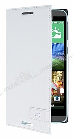 HTC Desire 820 Gizli Mknatsl Yan Kapakl Beyaz Deri Klf