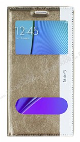 Samsung Galaxy Note 5 Gizli Mknatsl ift Pencereli Gold Deri Klf