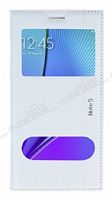 Samsung Galaxy Note 5 Gizli Mknatsl ift Pencereli Beyaz Deri Klf