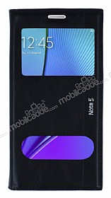 Samsung Galaxy Note 5 Gizli Mknatsl ift Pencereli Siyah Deri Klf
