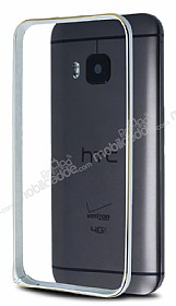 Eiroo HTC One M9 Gold izgili Round Metal Bumper ereve Silver Klf