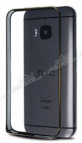 Eiroo HTC One M9 Gold izgili Round Metal Bumper ereve Siyah Klf