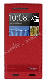 HTC One M9 Plus Gizli Mknatsl Pencereli Krmz Deri Klf
