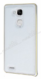 Eiroo Huawei Ascend Mate 7 Metal Kenarl Beyaz Deri Klf